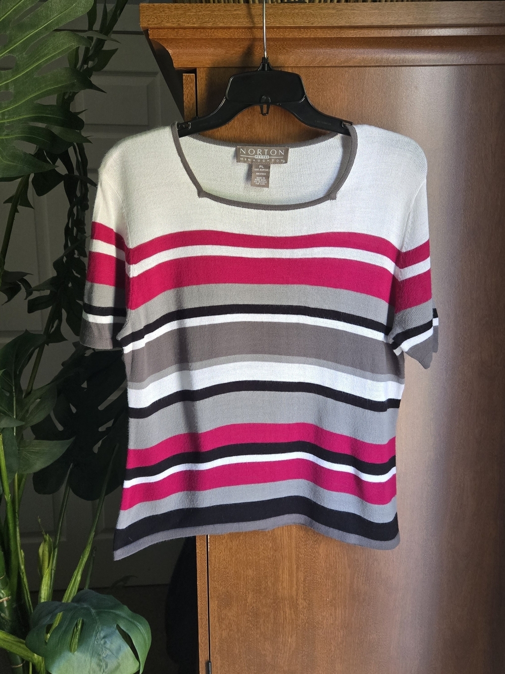 Norton McNaughton Short-Sleeve Stripe Knit Top - White, Pink & Gray